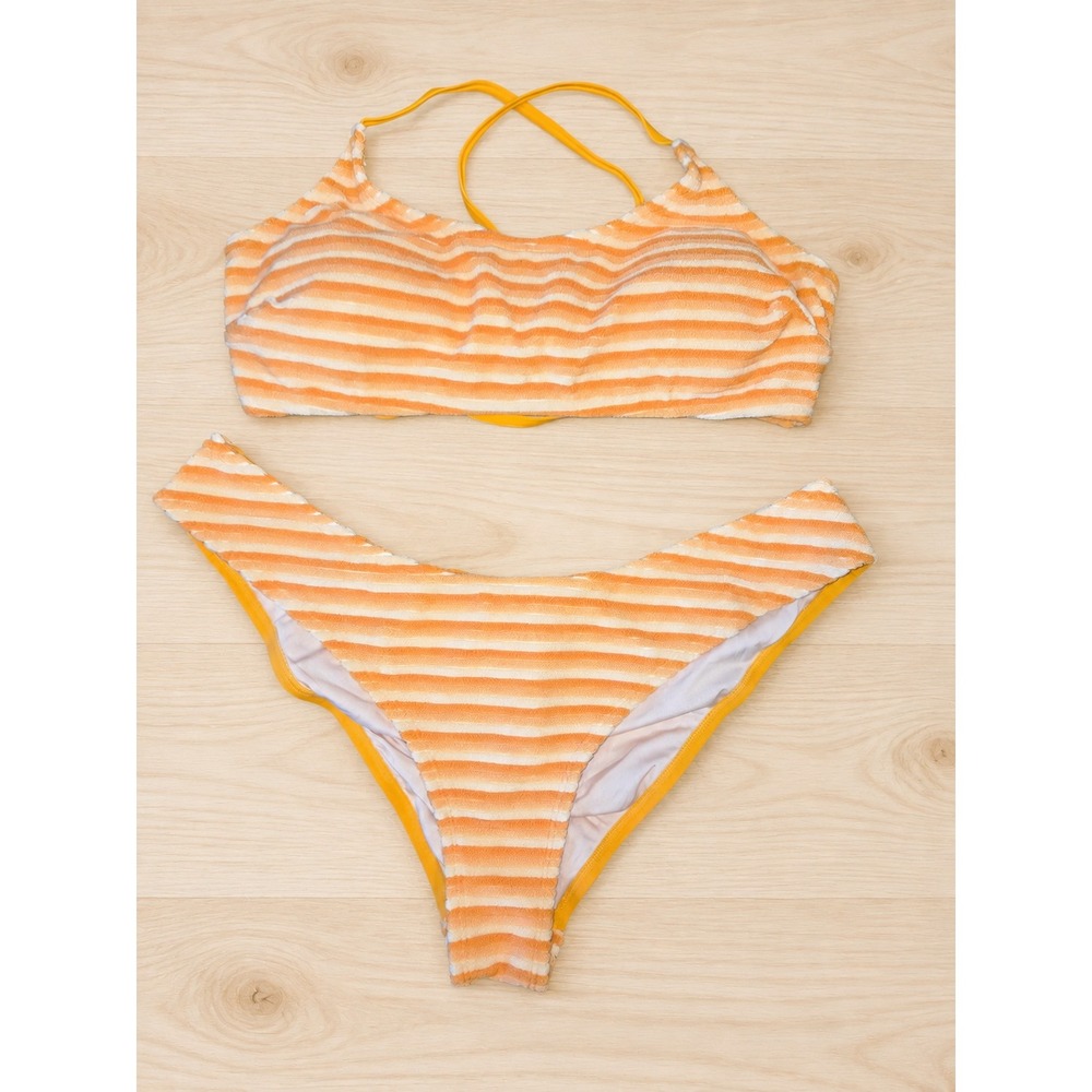 CUPSHE Women's Bikini Set Size Large Orange Striped Textured Lace Up NWT